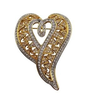 VTG Heart Shape Ribbon Rhinestone Brooch Elegant Love Statement Pin Grandmacore